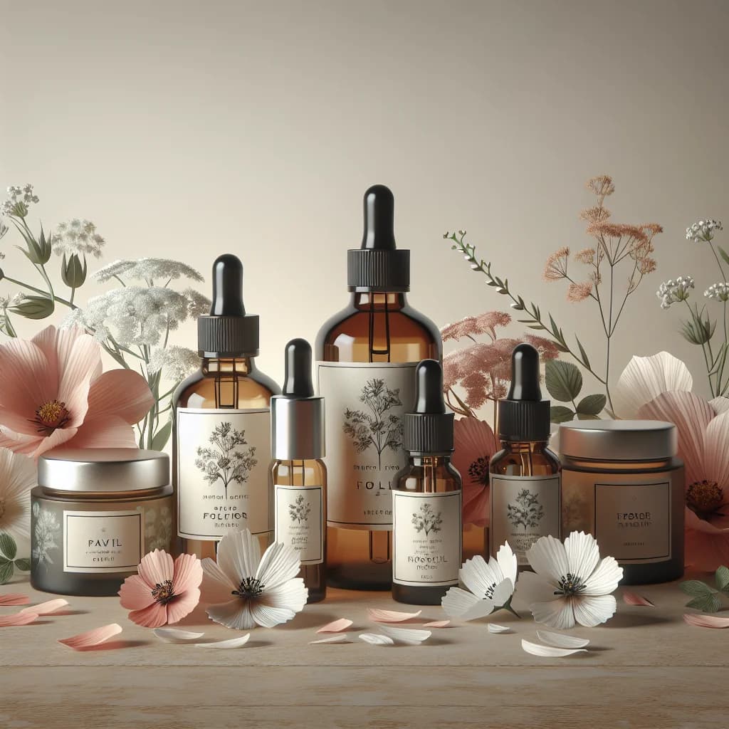 assorted flower scent oil bottles in minimalist packaging with floral accents