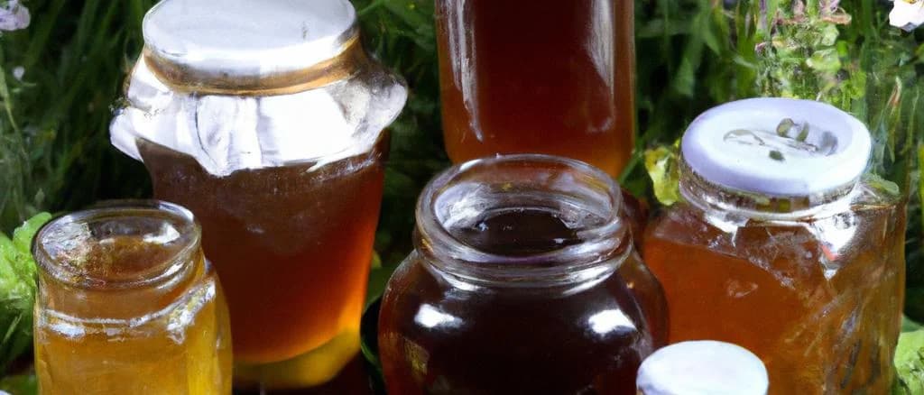 Various jars of forest honey with diverse labels and packaging