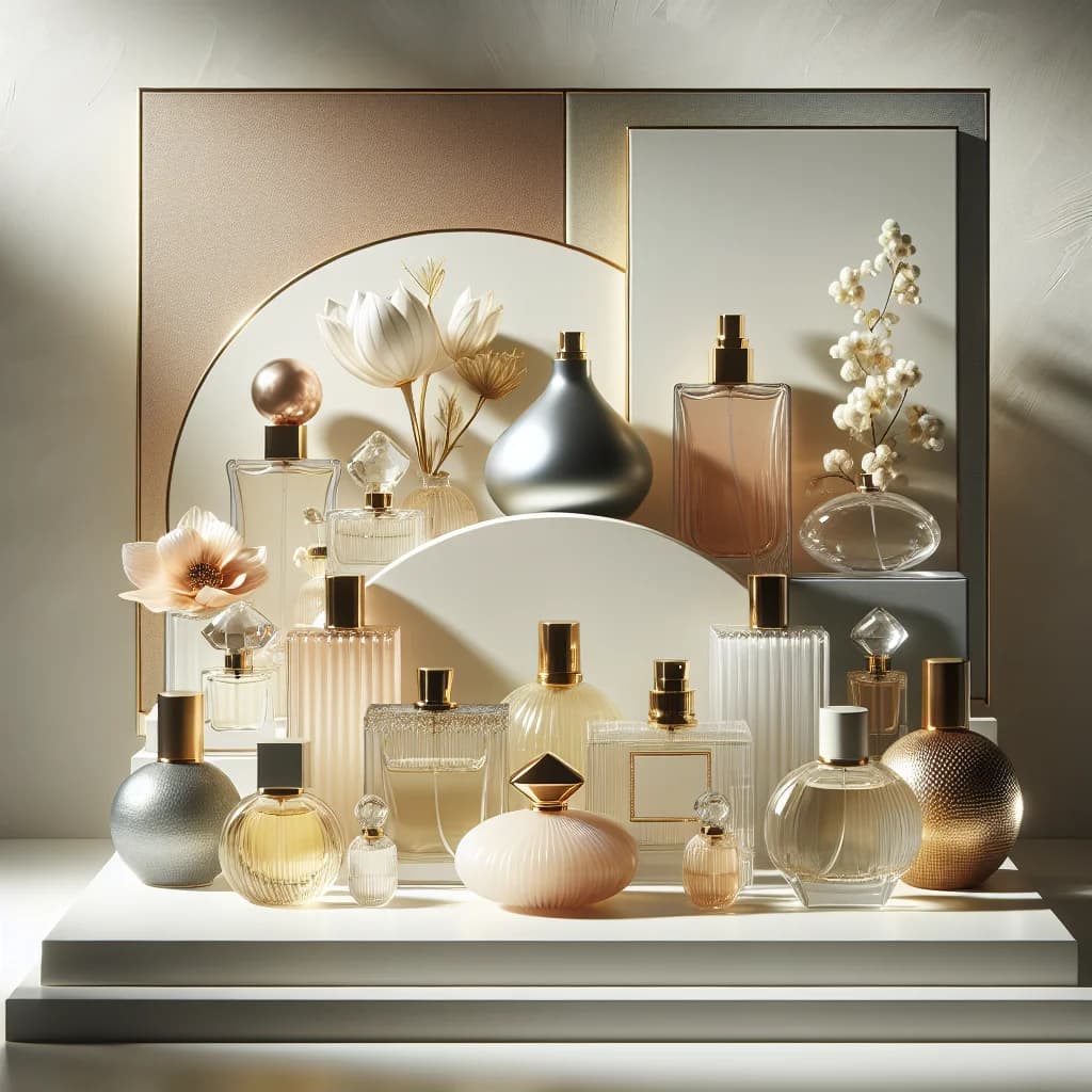 luxury fragrance bottles in sleek packaging with varied scents on a minimalistic backdrop