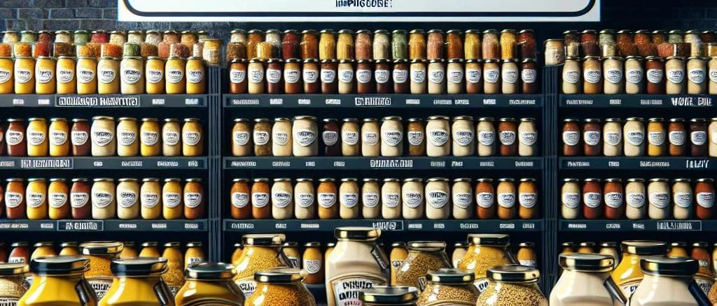 variety of French mustards in different packaging on a rustic wooden table