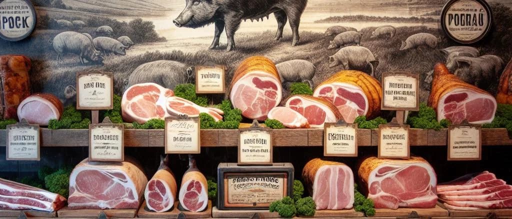 varied French pork products with packaging on neutral background