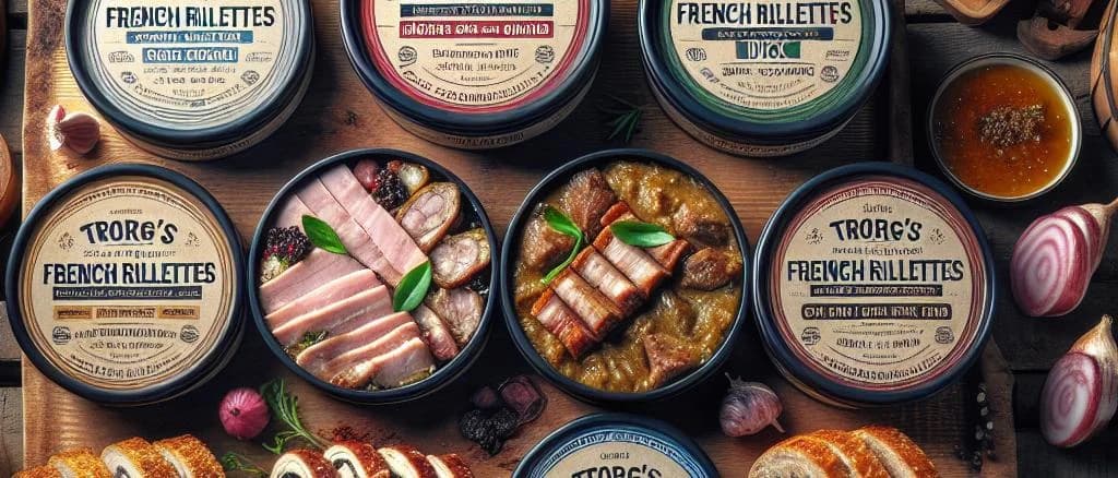 Assorted French Rillettes variations in elegant packaging on a neutral background