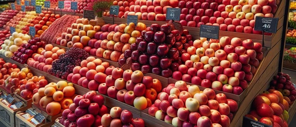 assorted fresh apples on wooden display with packaging options