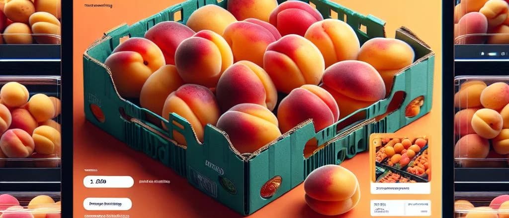 Fresh apricots in varied packaging on a rustic wooden background