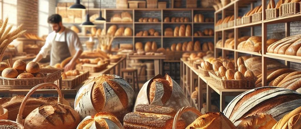 Fresh bread assortment on wooden table with various loaf designs and textures