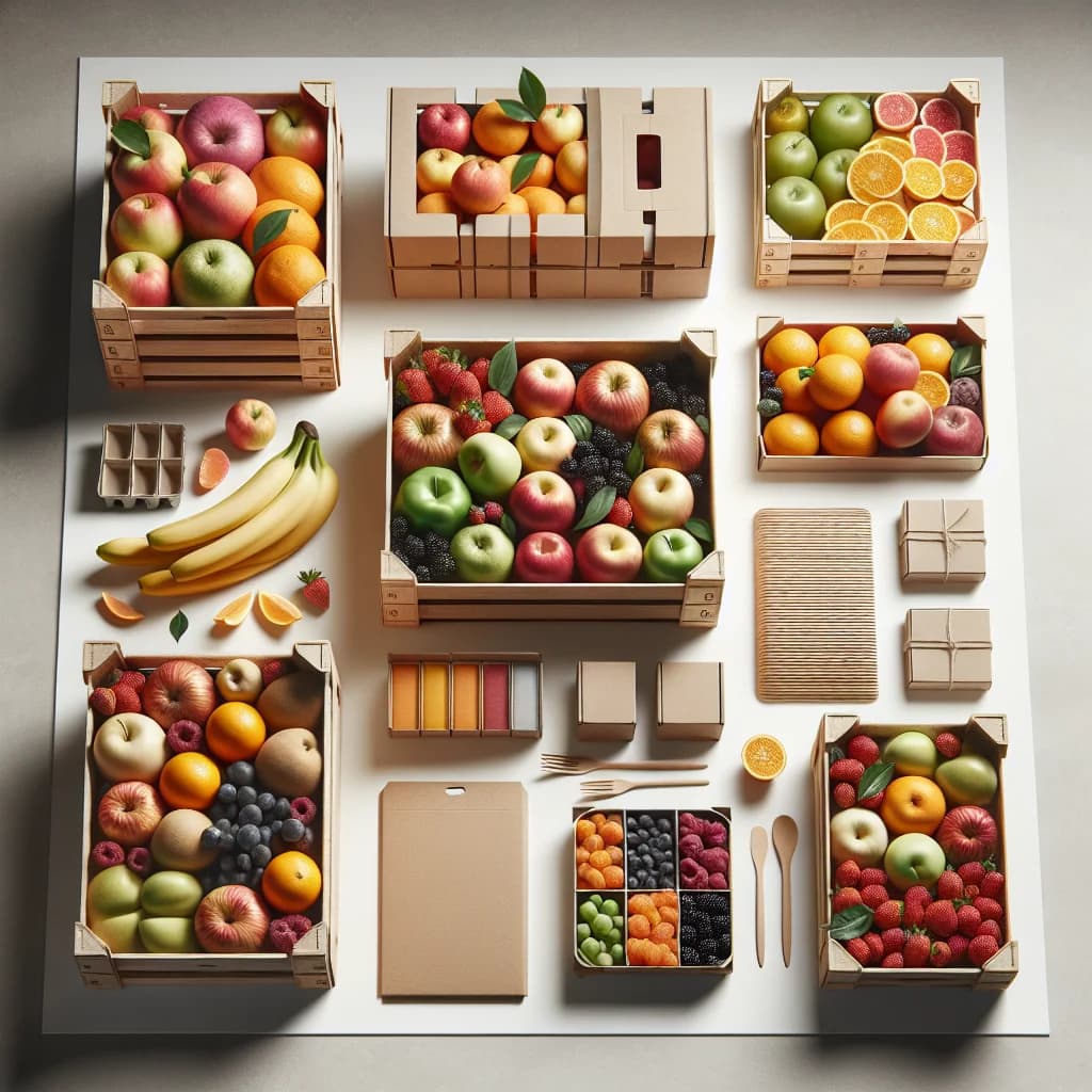 assortment of fresh seasonal fruits in sustainable packaging on a neutral background