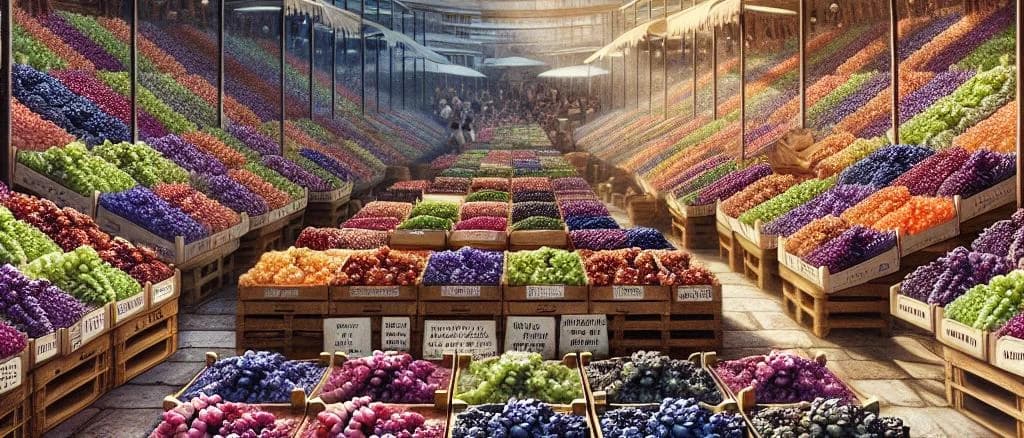 Various fresh grape varieties on contrasting backgrounds