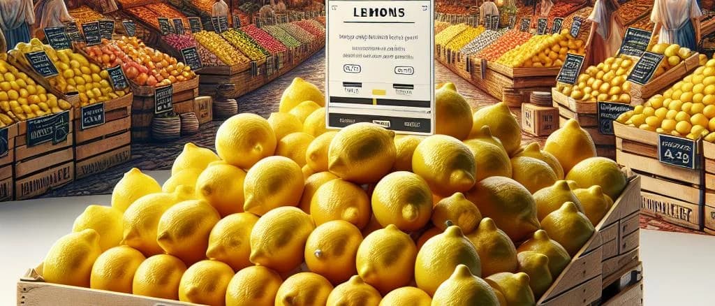 Fresh lemons in various packaging options on a rustic wooden table