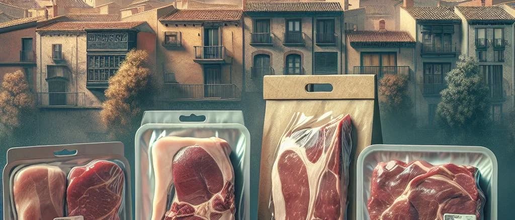Assortment of fresh meat cuts on wooden background with customizable packaging options