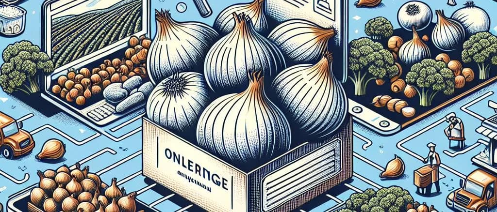 Varieties of fresh onions with different packaging options on a wooden table