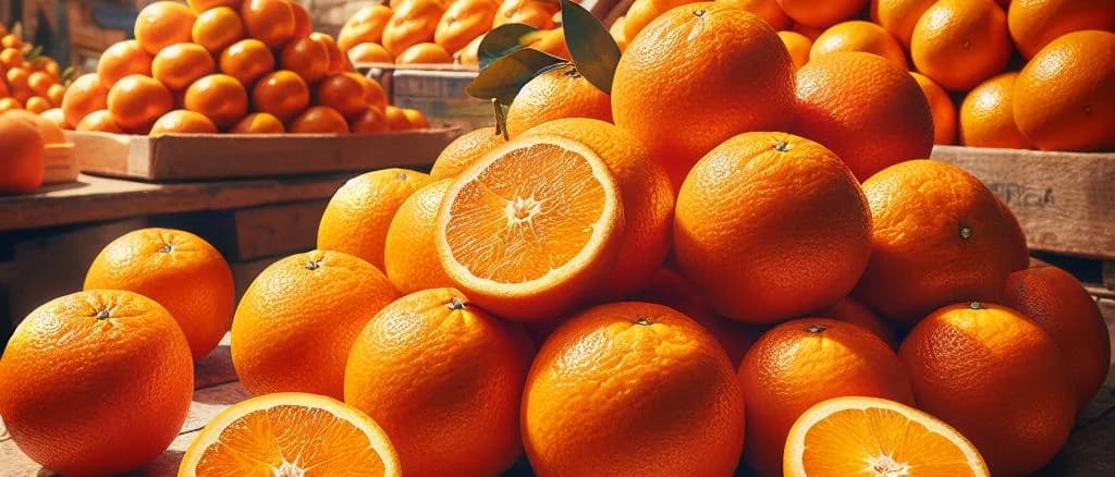 Multiple fresh oranges with vibrant green leaves and different packaging options