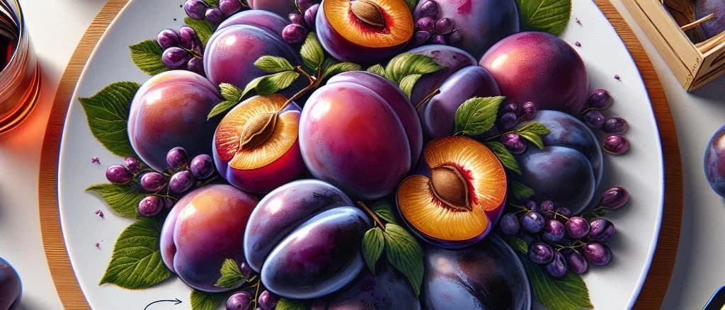 fresh plums displayed in various settings and packaging