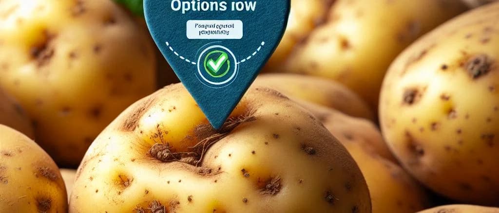 Fresh potato varieties in eco-friendly packaging on a rustic wooden background