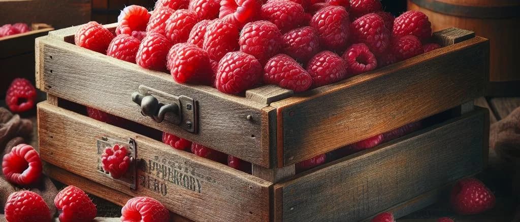 Various packaging of fresh raspberries on a wooden background.