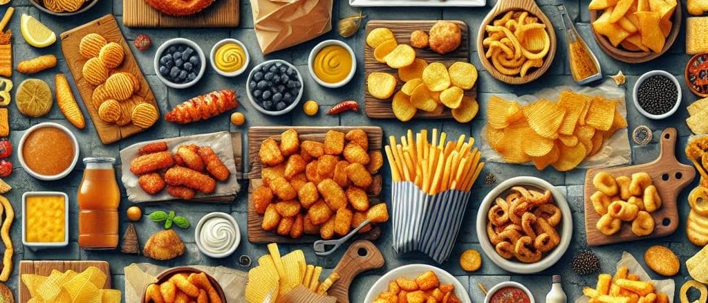 crispy fried food assortment on rustic wooden table