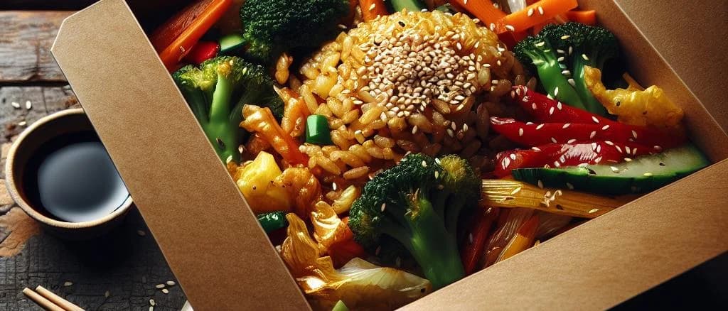 Various fried rice dishes with diverse packaging options on wooden table