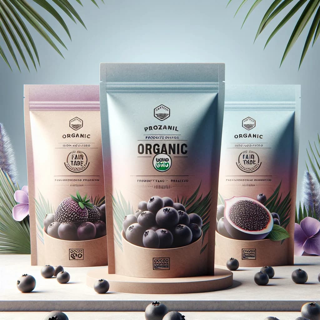frozen acai packs displayed with vibrant variations and eco-friendly packaging