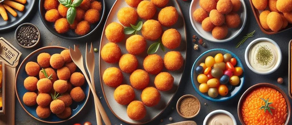 Assorted frozen appetizers displayed on a gourmet platter, showcasing variety and packaging options