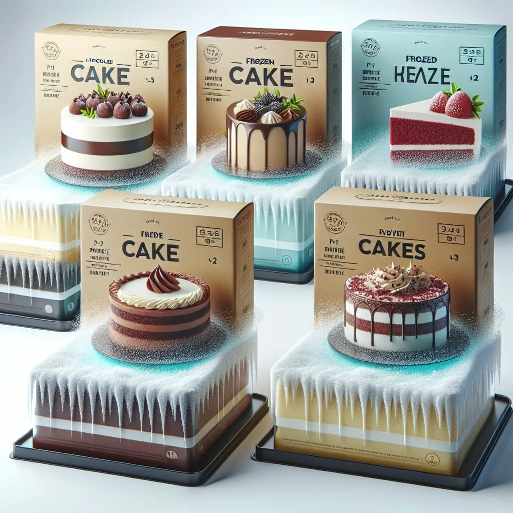 frozen cakes in different flavors and packaging against a professional backdrop