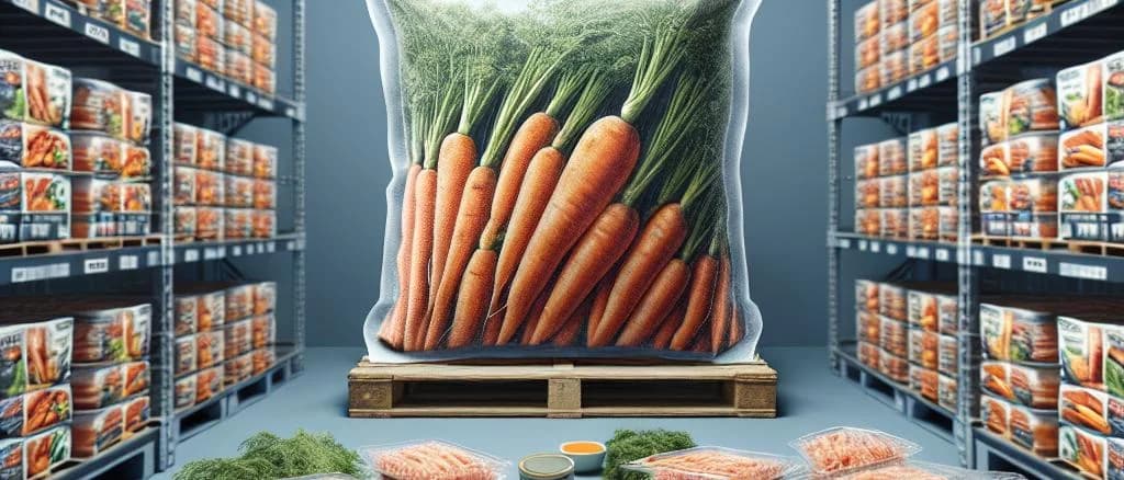 frozen carrots in different packaging options on a clean white background