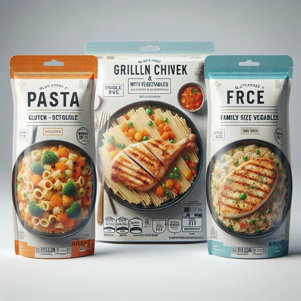 frozen dinner packaging variations on a clean background