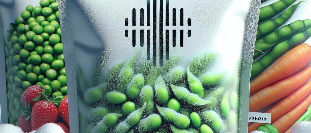 Frozen edamame beans in various packaging forms on a neutral background