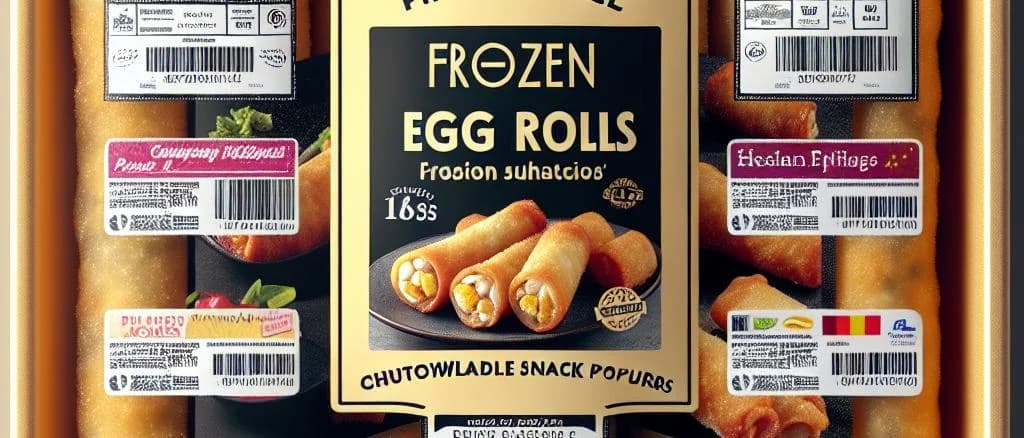Various types of packaged frozen egg rolls on a wooden table with different sauces