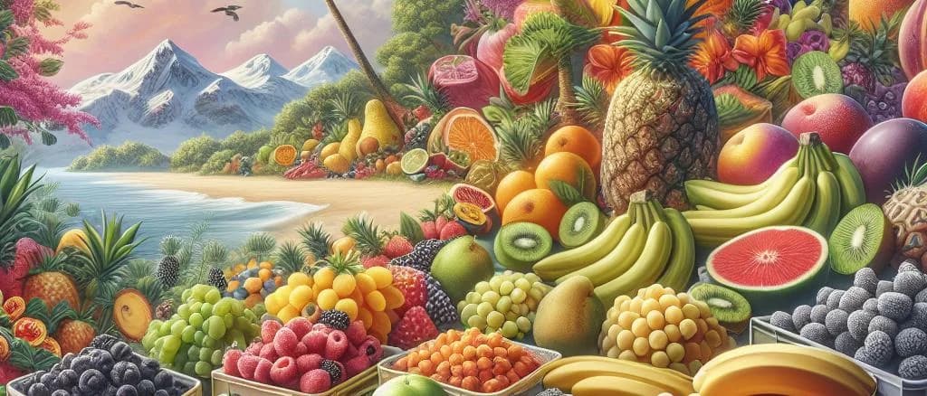 assorted frozen fruits in eco-friendly packaging with various berry and tropical fruit options