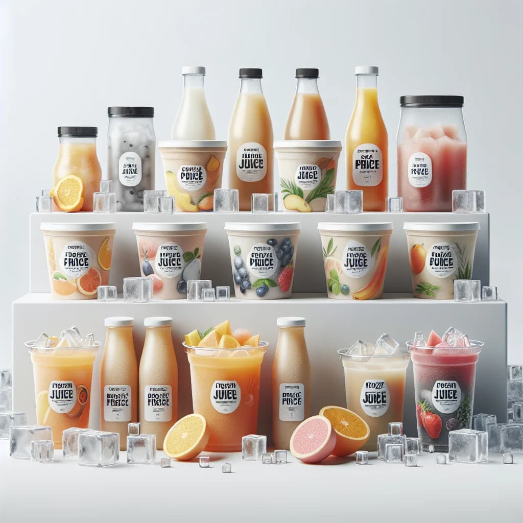 frozen juice products in various packaging options with a clean background
