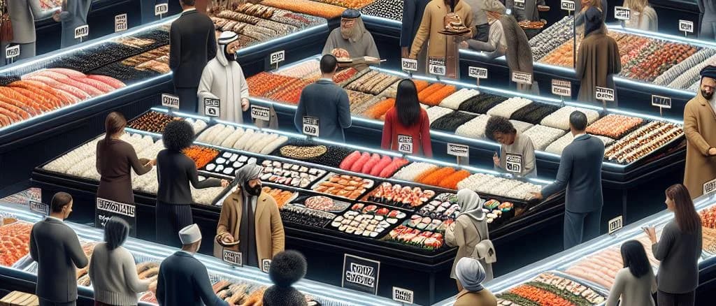 Assorted frozen sushi pieces with colorful toppings on a wooden platter