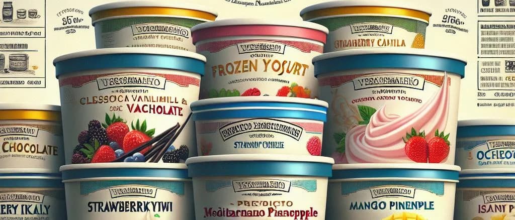 Variety of frozen yogurt cups with diverse packaging and flavors