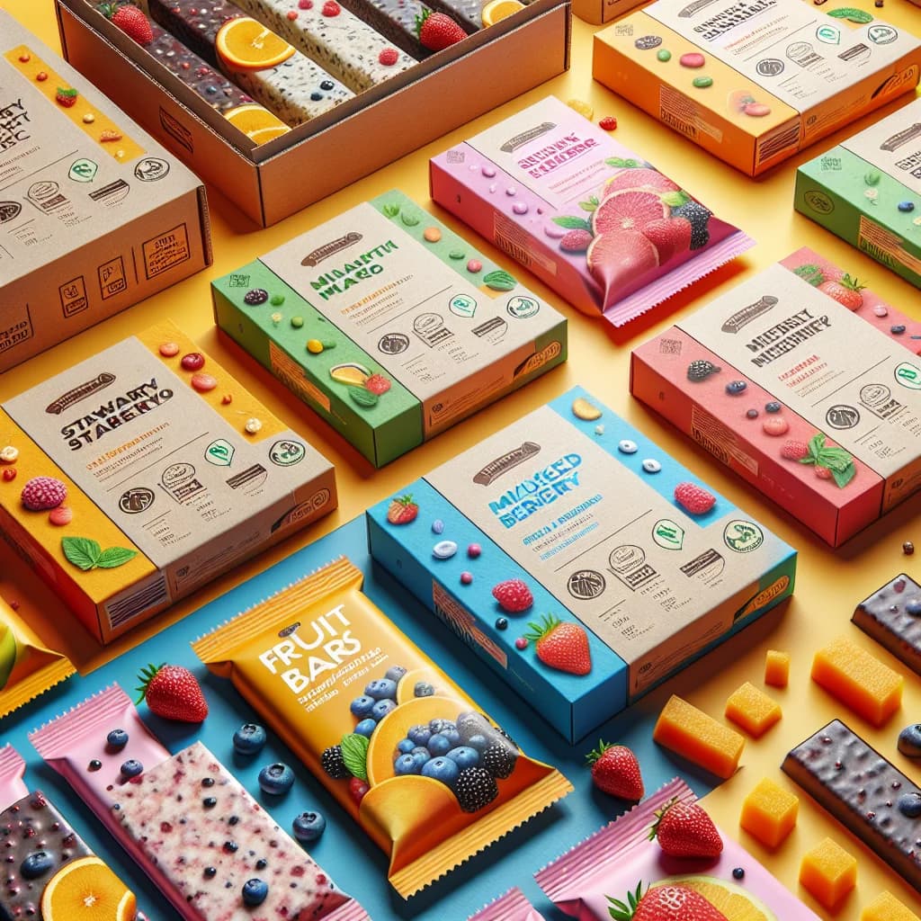 fruit bars in assorted packaging with vibrant backgrounds