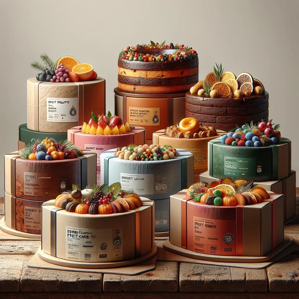 assorted fruit cakes in colorful packaging with premium quality labeling on a wooden display table