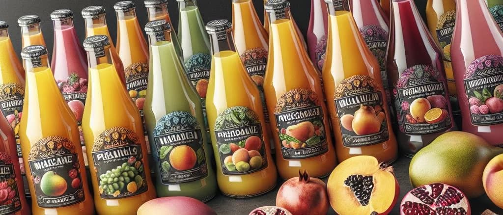 Various fruit drinks in different packaging against a vibrant backdrop