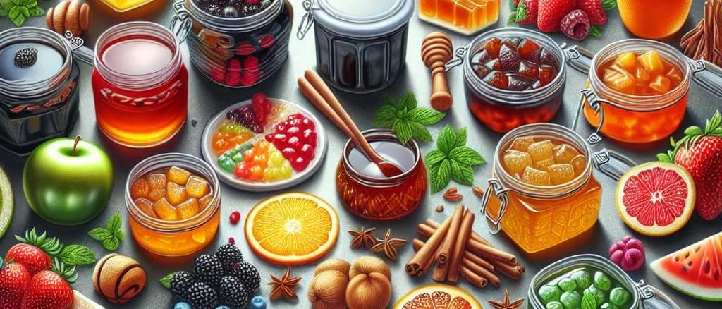 various types of fruit jelly in colorful packages on a wooden table