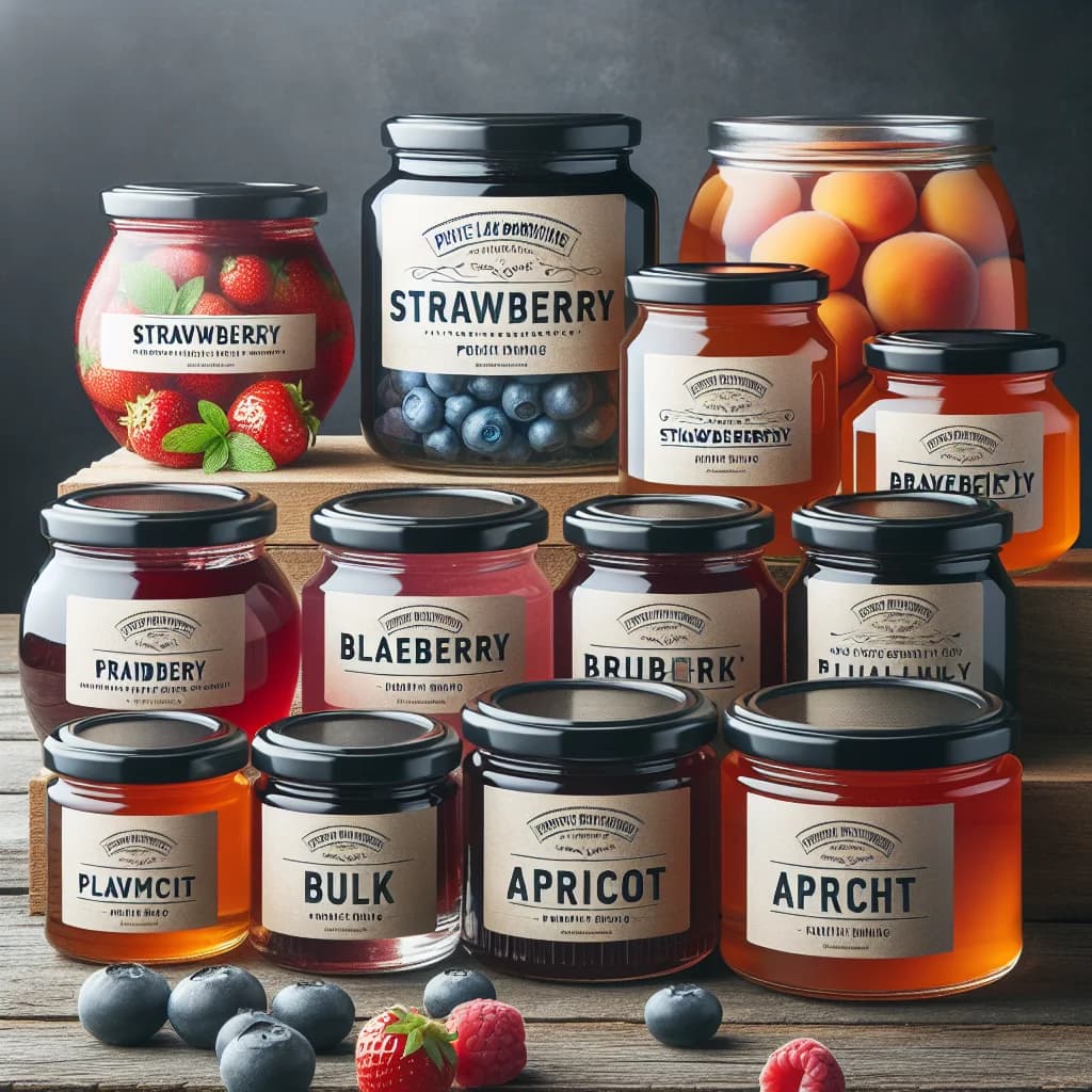 fruit preserves in assorted jars with various flavors on a wooden countertop