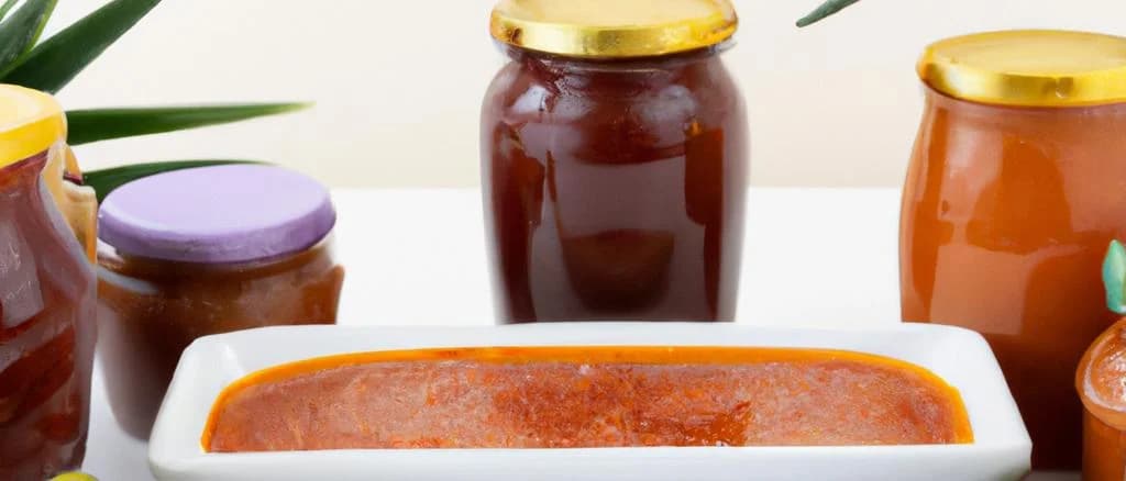 Assortment of fruit sauces in various packaging with vibrant backgrounds