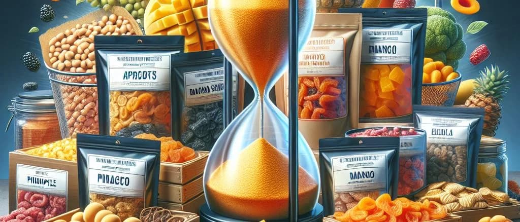 assorted fruit snacks in varied packaging on a wooden table