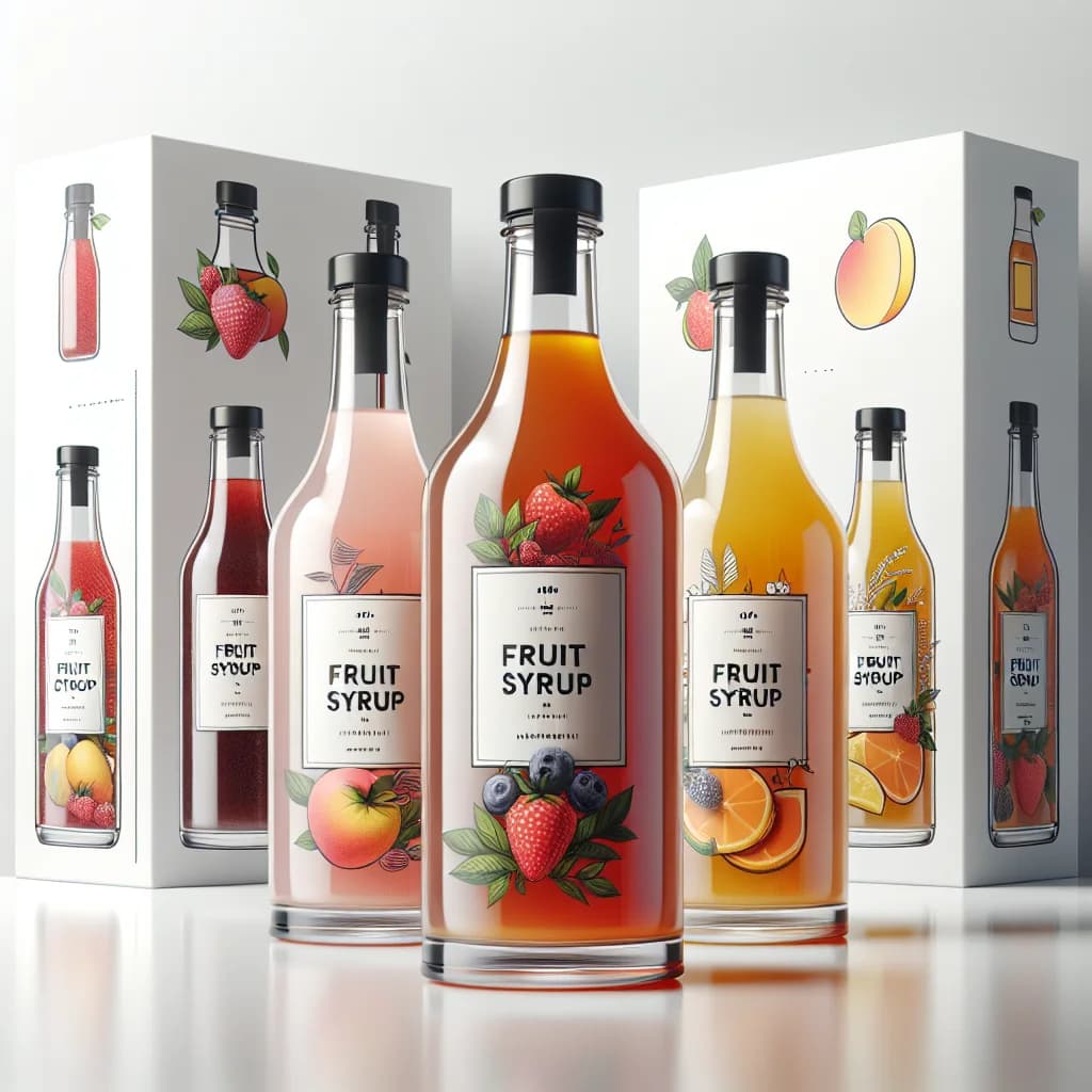 assorted fruit syrup bottles with vibrant labels on a clean background