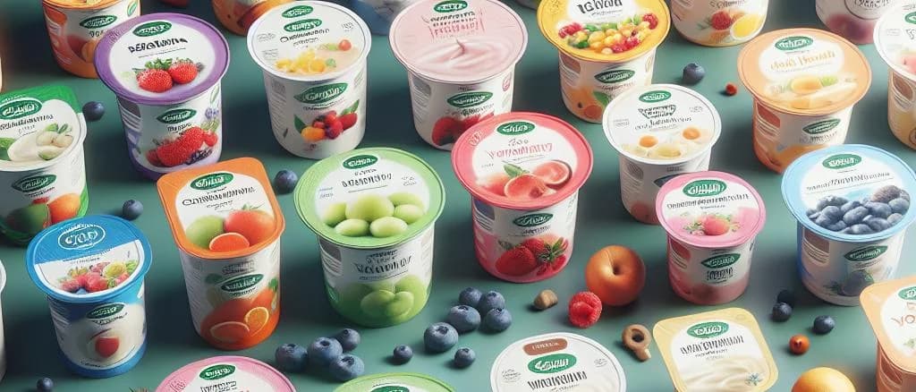 Assorted fruit yogurt variations with rustic background