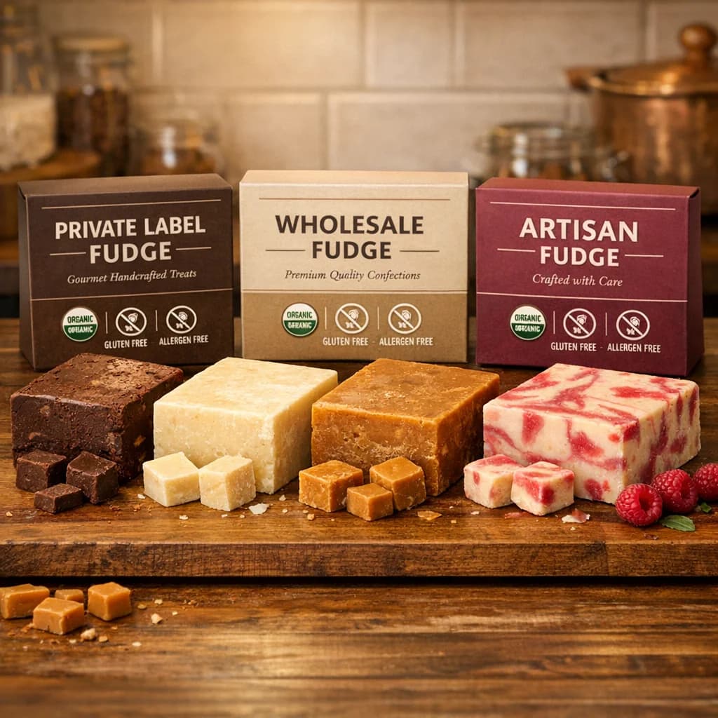 Gourmet fudge in assorted flavors with elegant packaging for B2B wholesale buyers