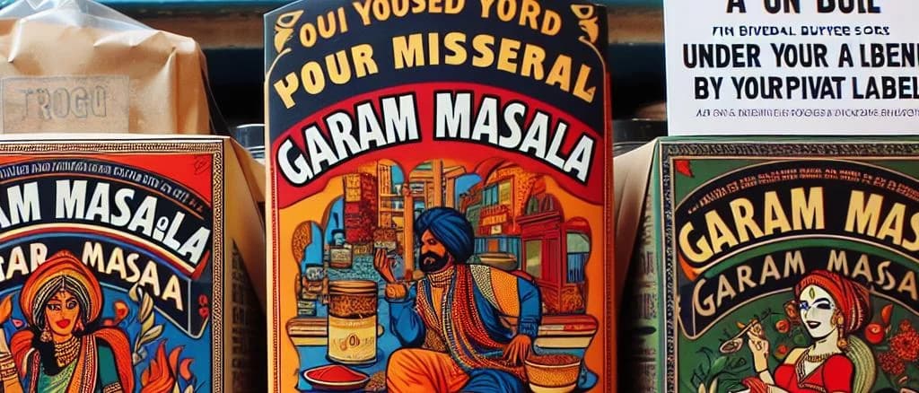 Three variations of garam masala spice blends in different packaging with colorful backgrounds