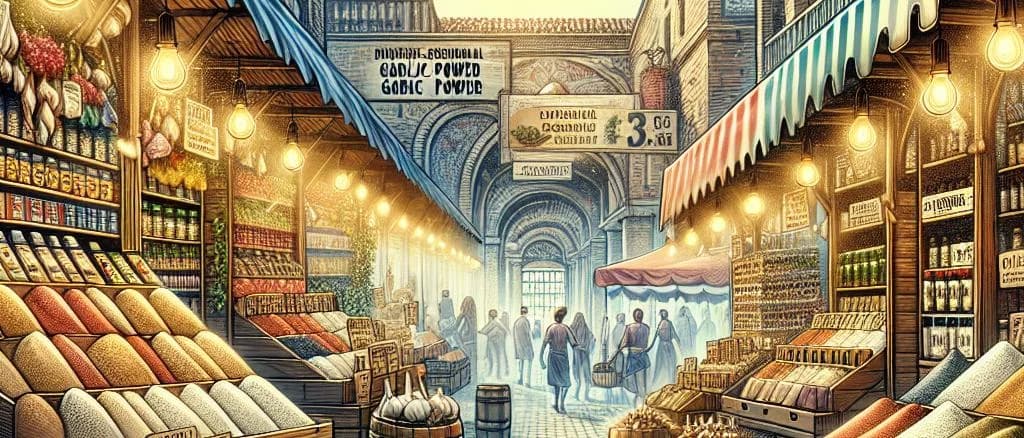 Diverse variations of garlic powder packaging on a neutral background, showcasing jars, pouches, and containers.