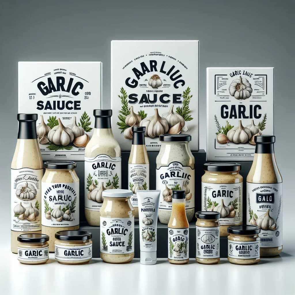 garlic sauce in various packaging formats, suitable for B2B buyers, including jars, squeeze bottles, and bulk containers, placed on a clean, minimalist background