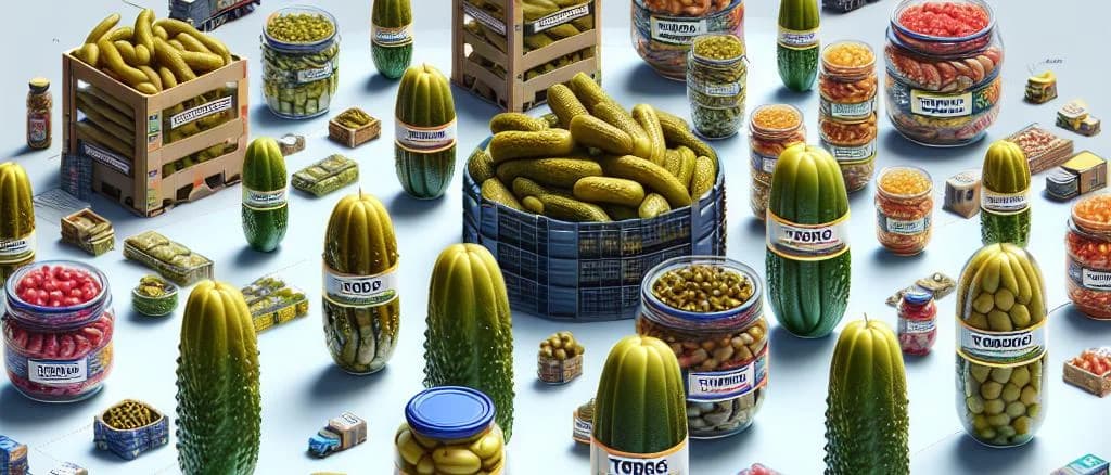 Various jars of gherkins in diverse packaging on a wooden table