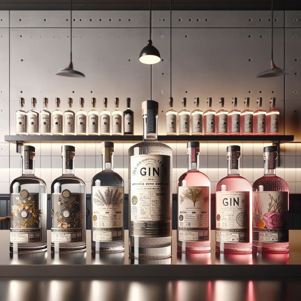 premium gin bottles on a sleek countertop with variations in packaging and flavors