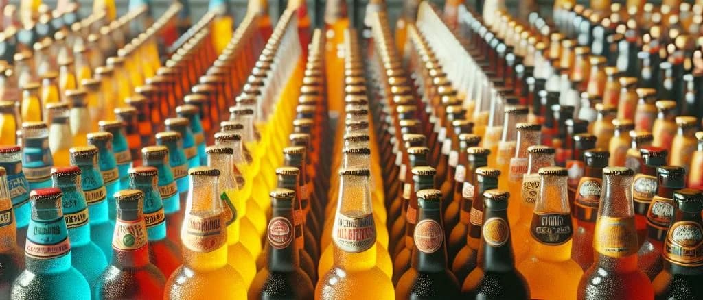 Ginger beer bottles with various label designs on a wooden background