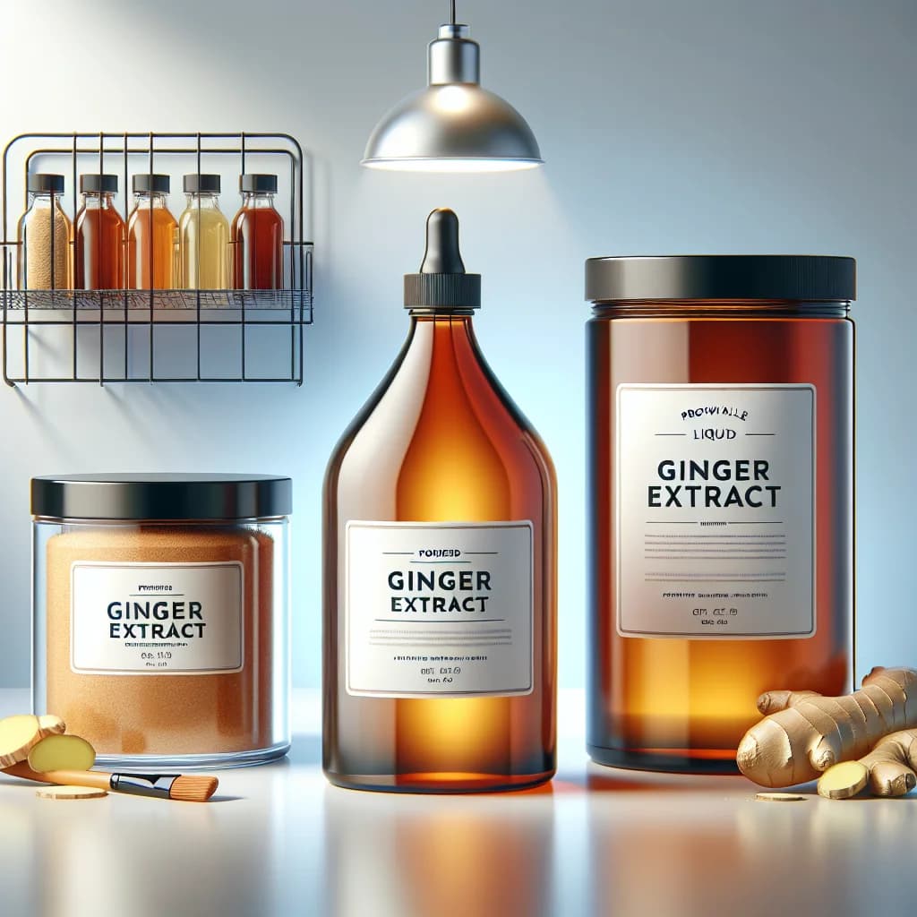variety of ginger extract packaging on a clean, minimalist background, showcasing private label and bulk options