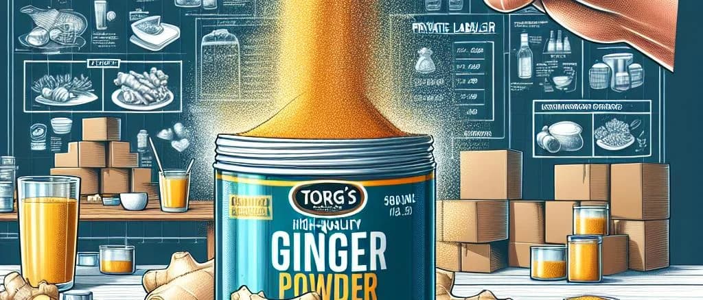 Organic ginger powder in various packaging on rustic wooden background