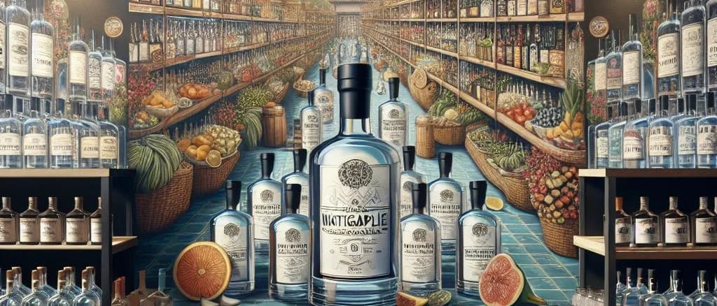 Variety of gin bottles with elegant packaging on a wooden background